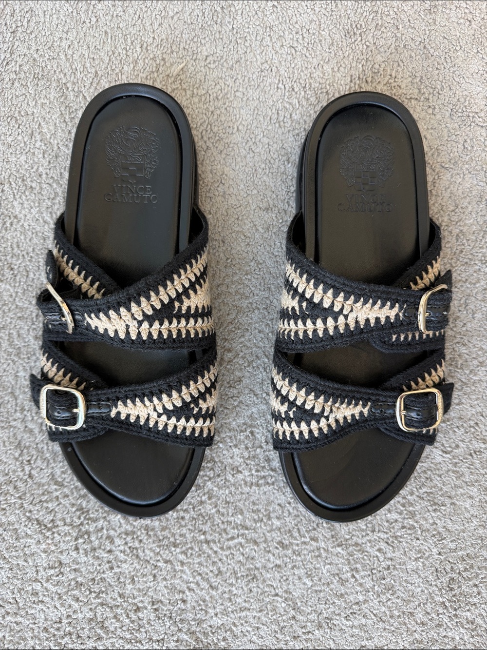 Vince Camuto Black and Cream Braided Buckle Slide Sandals